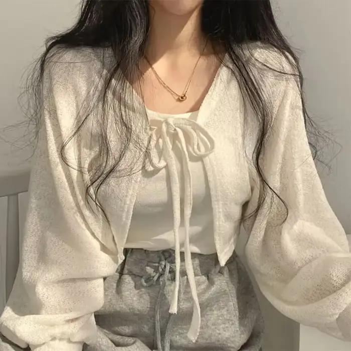 Cardigan Blanc Fin à Lacets pour Femme, Tricot d'Été, Protection Solaire, Mode Coréenne, Manches Lan