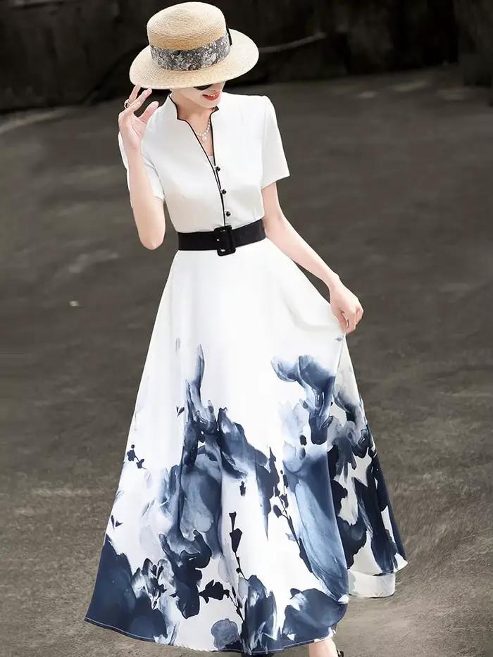 MEXCOCO 2026 Nouvelle collection été – Robe évasée élégante à manches courtes imprimé peinture à l'e