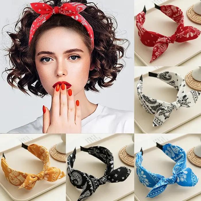 Bandeau de sauna Paisley Bandana pour femmes, nœud noué haut, bandeaux d'oreille de lapin mignons, t