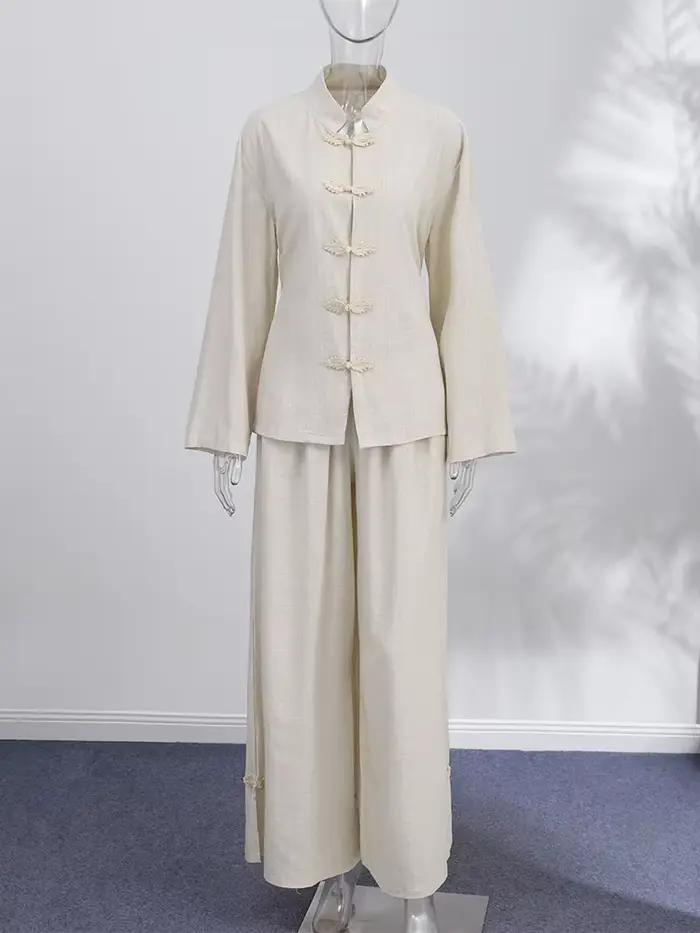 Ensemble 2 pièces mode femme en lin : haut ample à manches longues avec boutons grenouille et lacets