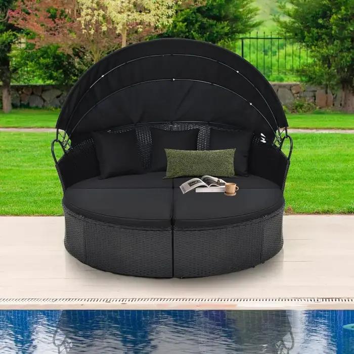 Lit de repos rond pour patio extérieur avec auvent rétractable, sièges sectionnels pour meubles en o