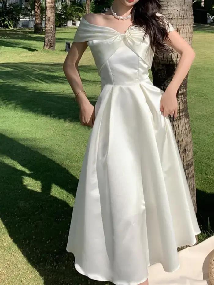 Horetong Bow Slash cou robe Sexy été femmes fée blanche élégante a-ligne robes mi-longues femme fête bal vêtements Vestd