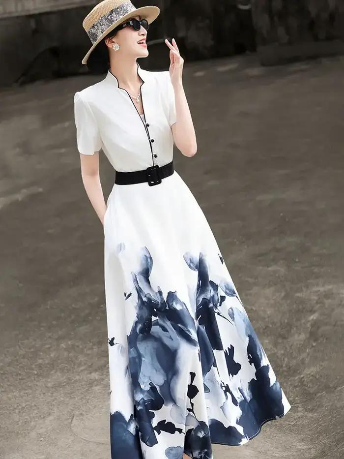 Robe évasée élégante à manches courtes imprimé peinture à l'encre style chinois pour femmes ocassions spéciales été