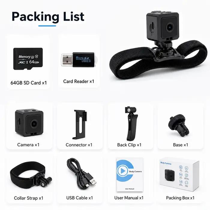 Collier caméra pour animaux de compagnie avec carte SD 64 Go, caméra POV HD 1080P, mini caméra d'act