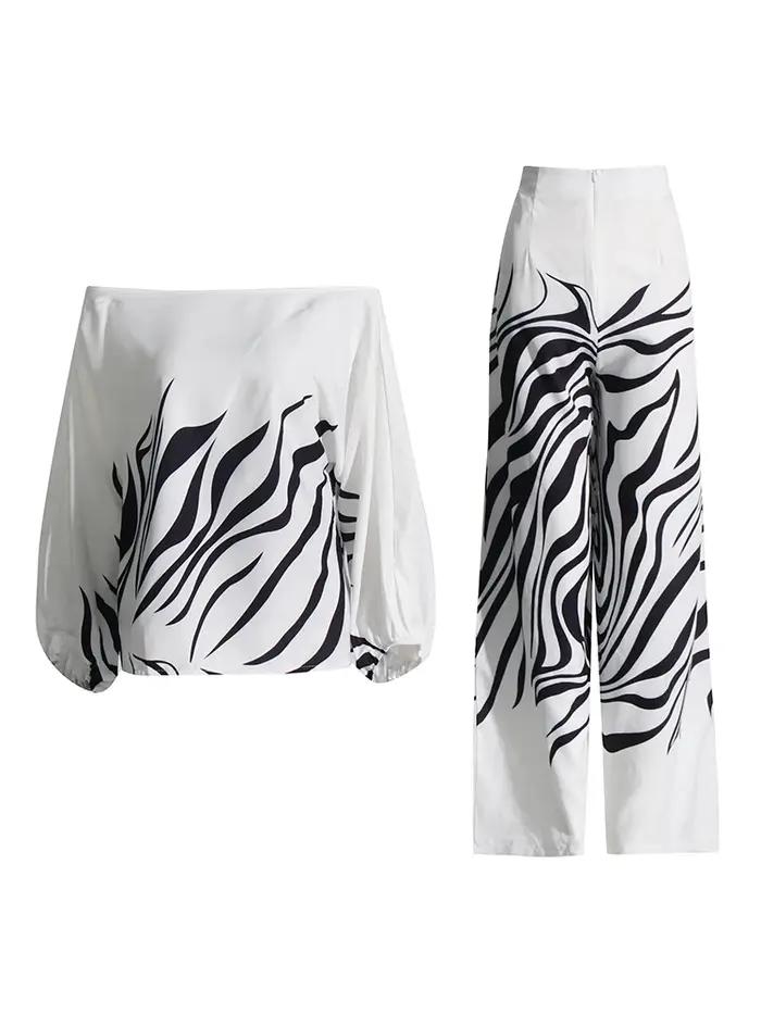 TWOTWurea-Ensemble deux pièces imprimé YLE pour femme, col slash, manches lanterne, pantalon taille