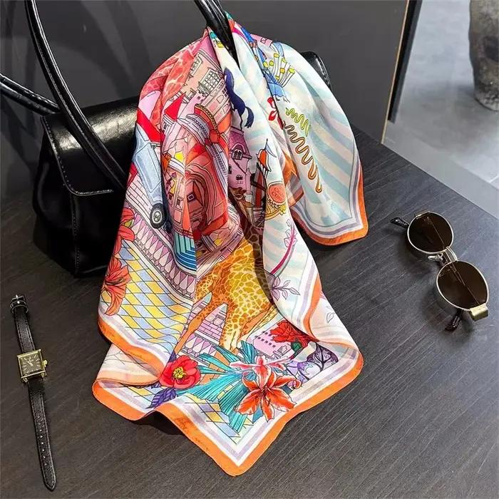 Nouveau 100% véritable soie Satin femmes écharpe 2025 fleur imprimé Foulard Femme carré foulards Ban