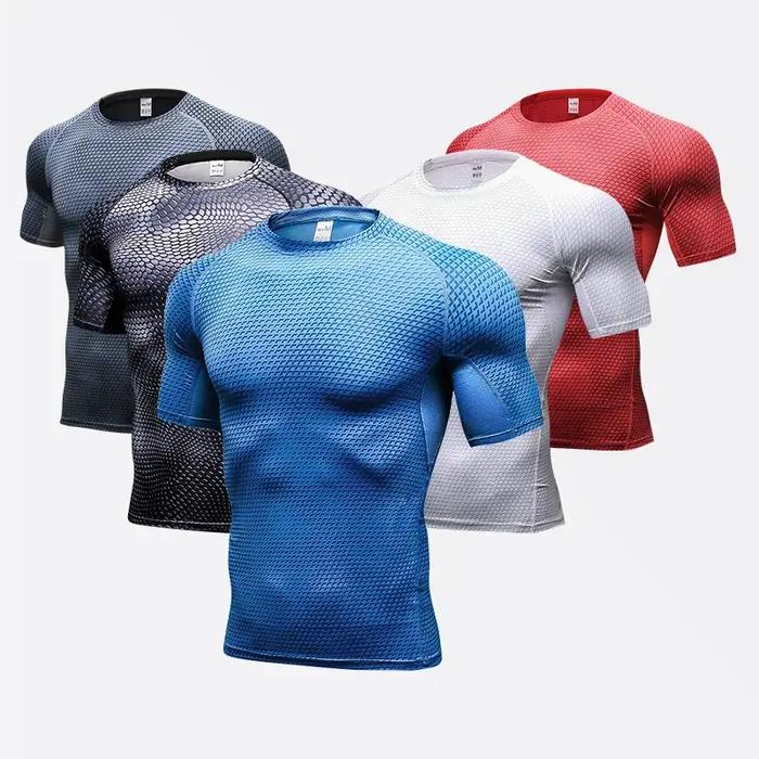 Chemises imprimées à Compression pour hommes, T-Shirt d'entraînement à manches courtes, hauts de cou