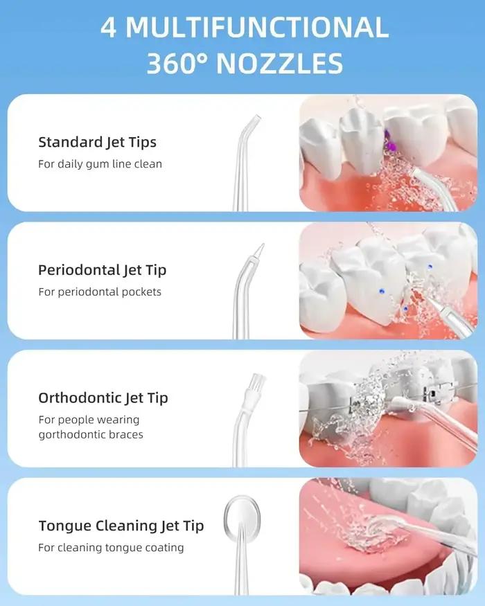 Irrigateur buccal, hydropulseur Portable, cure-dents à Jet d'eau Rechargeable par USB + 4 pointes de