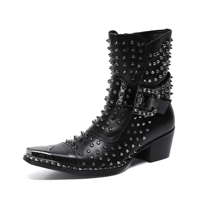 Bottes en cuir pointues à talons hauts pour hommes, chaussures de qualité, rivet, personnalité, chan