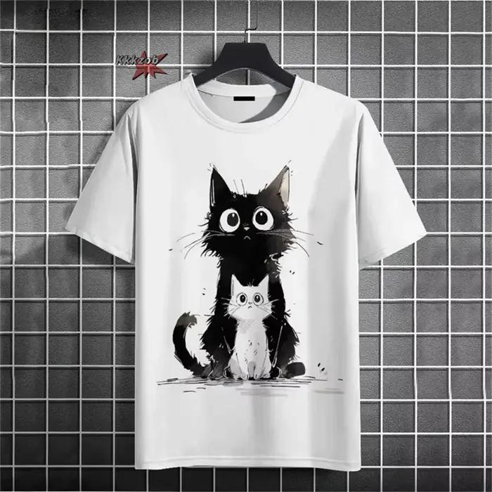 Japonais Ukiyo-E motif de chat mignon col rond hommes à manches courtes quotidien surdimensionné T-S