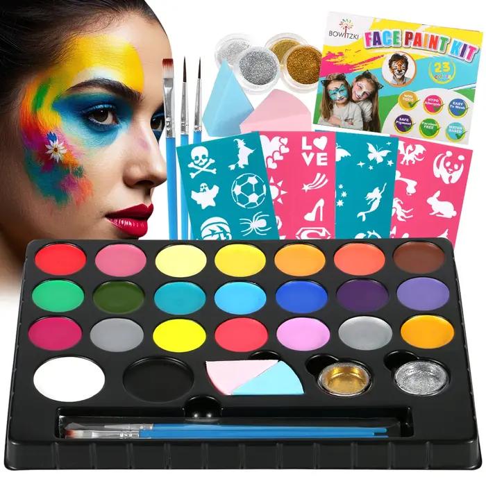 Bowitzki Kit de peinture faciale 23 couleurs à base d'eau, non toxique, professionnel, avec pochoirs