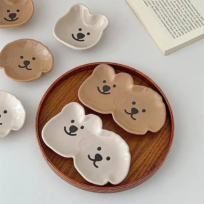 Plateaux de rangement en céramique avec motif de chien et d'ours mignon pour condiments, collations, sushi, soja - Occasions spéciales et quotidienne