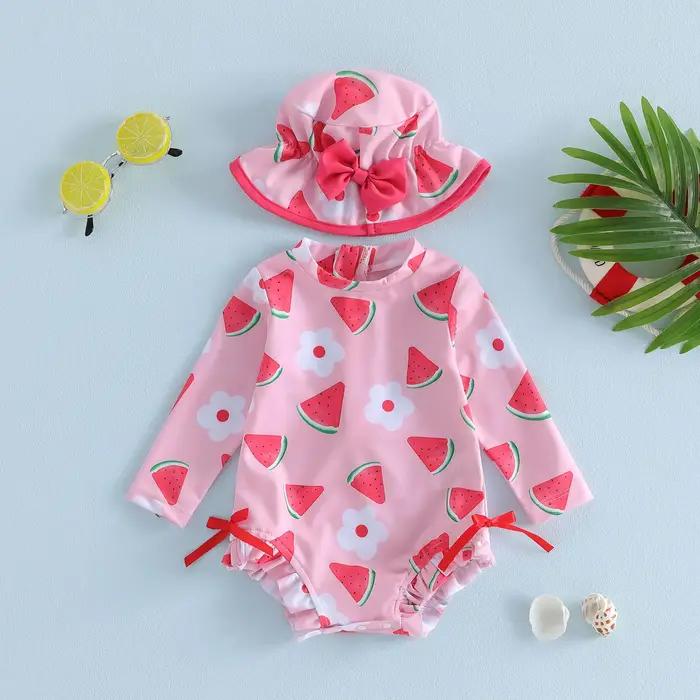 Vêtements de bain pour bébé fille, maillot de bain à manches longues avec imprimé fruits, maillot de bain pour nourrissons avec chapeau de soleil