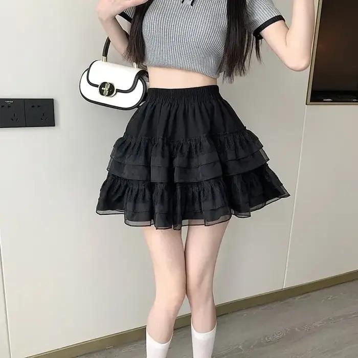 Nouveau dans les vêtements doux coréen décontracté été tendance blanc dentelle gâteau Mini jupe Ballet Syle taille haute