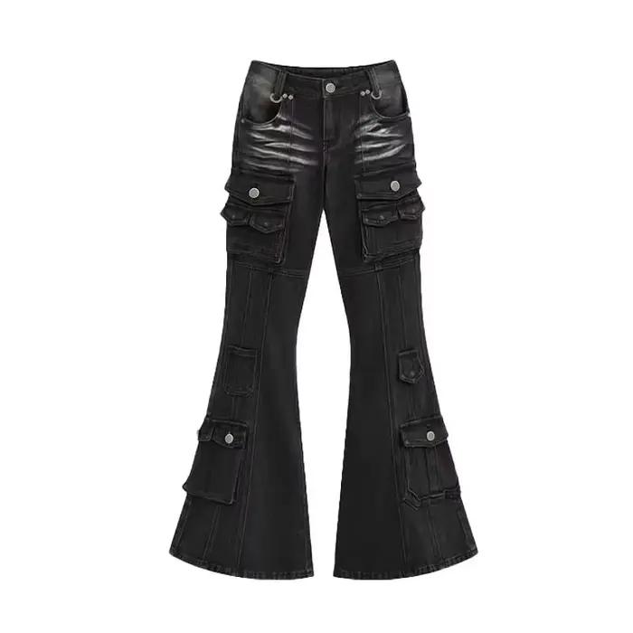 REDDACHiC Acubi mode noir Flare jean rétro moustaches maigre Stretch taille basse poches Cargo pantalon femmes Grunge