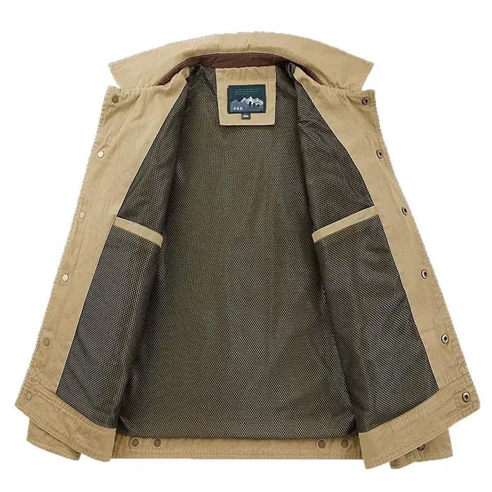 Veste de travail rétro pour homme, coupe décontractée, col chemise, multi-poches, vêtement d'extérieur polyvalent pour le printemps et l'automne, idéal pour les hommes d'âge mûr