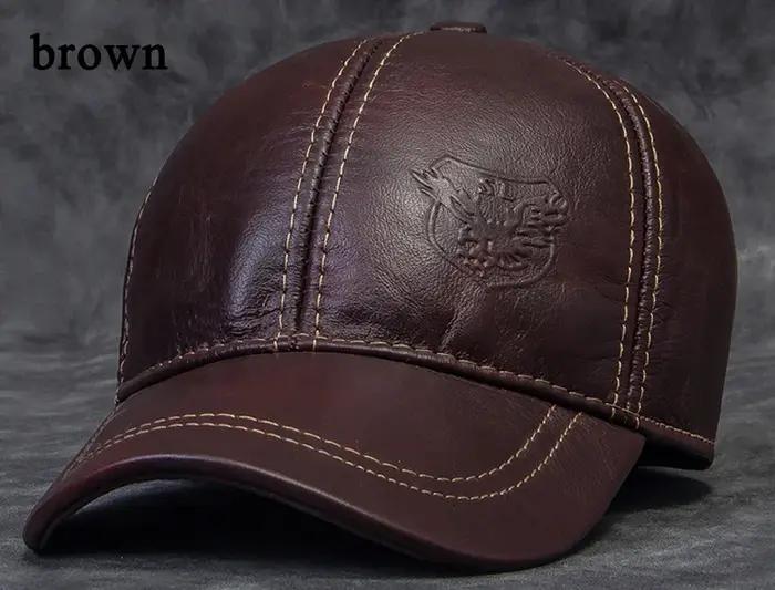 2025 mâle en cuir véritable peau de vache 56-60CM noir/marron casquettes de Baseball aigle imprimer pour homme décontrac
