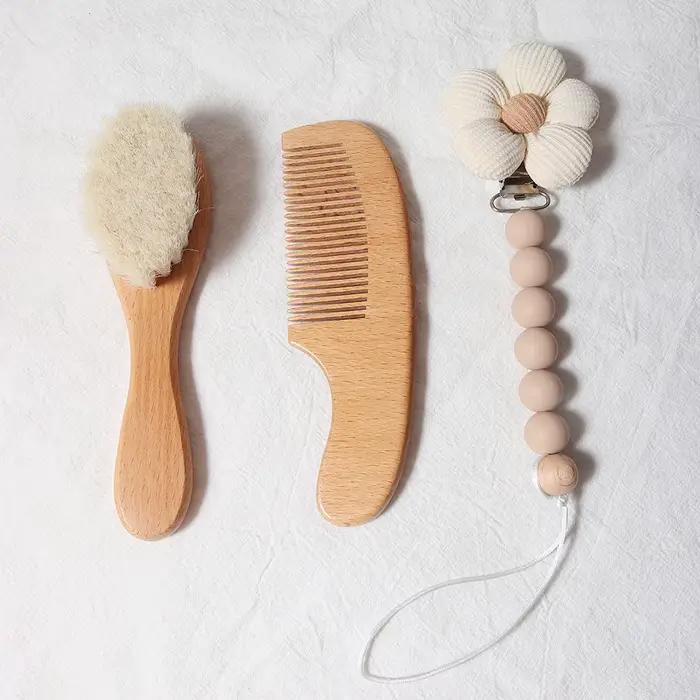 Ensemble de brosses et peignes pour bébé, coffret cadeau pour nouveau-né, laine naturelle, hêtre, pe