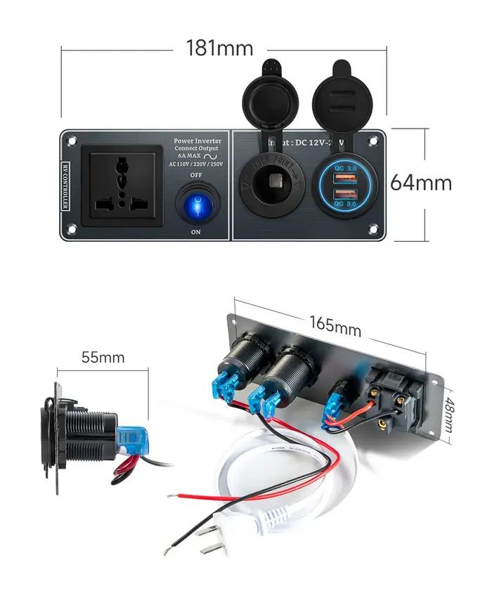 Chargeur de voiture multifonctions, panneau en aluminium, onduleur AC110V 220V, double Port USB QC3.