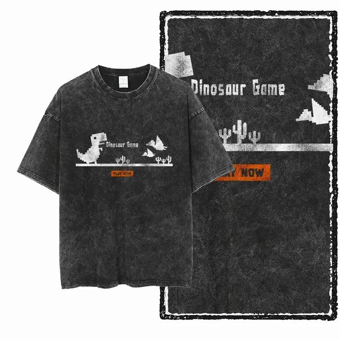 ZH DINO GAME THEME imprimé coton lavé à l'acide graphique exclusif unisexe t-shirt Cool Streetwear hommes t-shirts grand