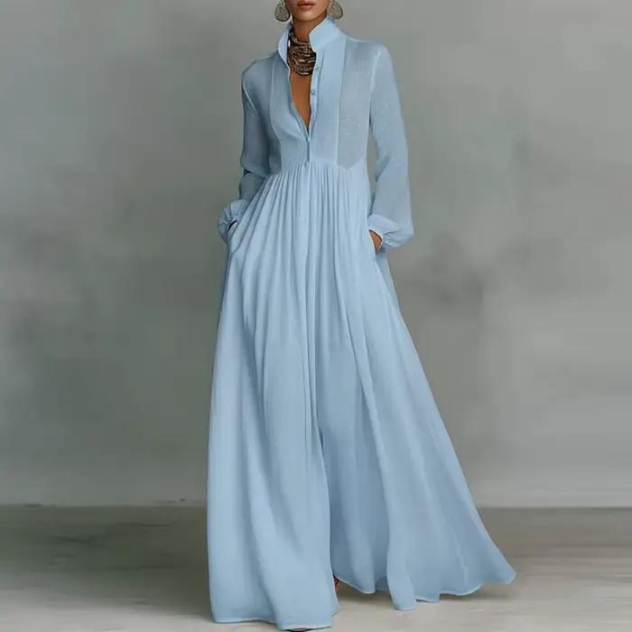 Robe longue élégante à taille haute pour femme, style swing, avec poches, plissée, pour le printemps