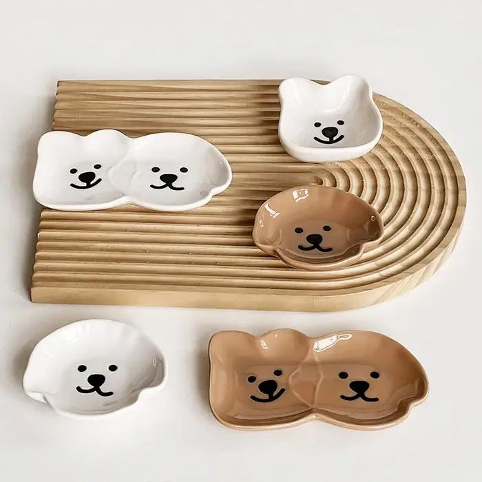 Plateaux de rangement en céramique avec motif de chien et d'ours mignon pour condiments, collations, sushi, soja - Occasions spéciales et quotidienne