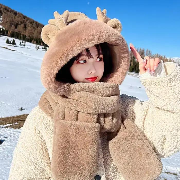 Nouvelle mode écharpe chapeau gant femmes mignon grande oreille lapin bonnet hiver chaud doux épaiss