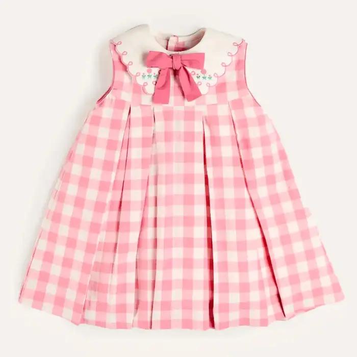 Robe rose à carreaux brodée sans manches pour fille