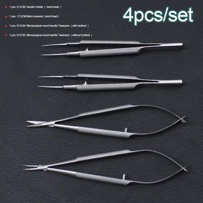 Nouveau 4 pièces/ensemble instruments microchirurgicaux ophtalmiques 12.5cm ciseaux + porte-aiguilles + pince à épiler