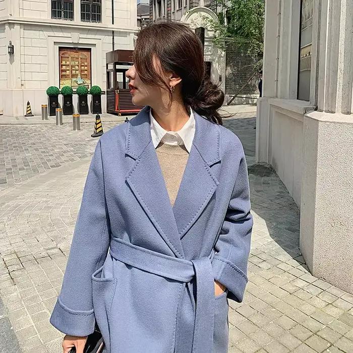 Manteau long en laine véritable 100% à col rabattu