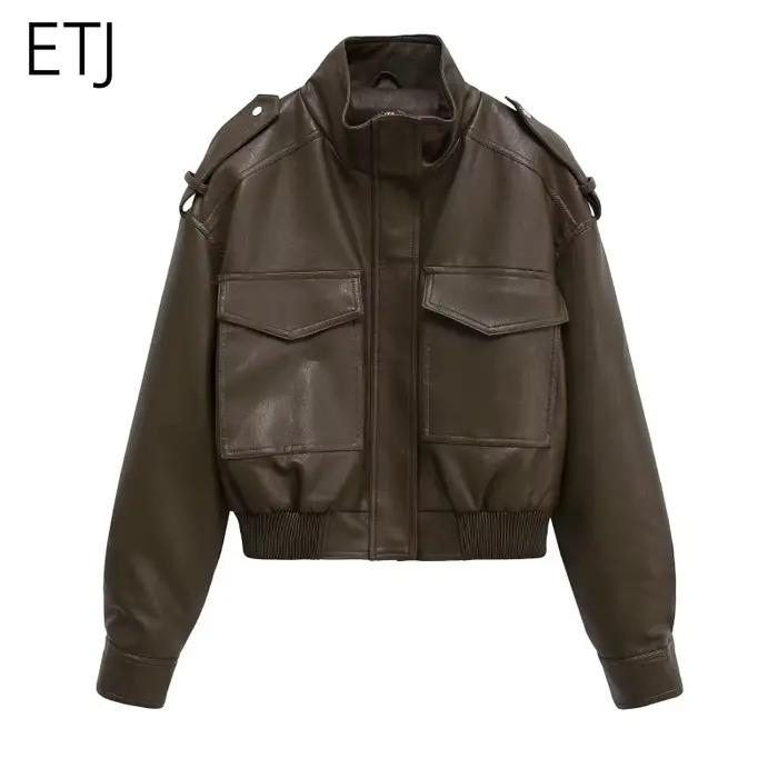 ETJ 2025 Nouvelle collection femme : veste courte moto col montant Y2K grande poche veste en simili