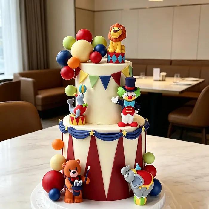 Décoration de gâteau sur le thème du cirque avec Clown, Lion, Éléphant, Lion de Mer, Magicien et Ours pour fêtes d'anniversaire, baptême et révélation du sexe des enfants