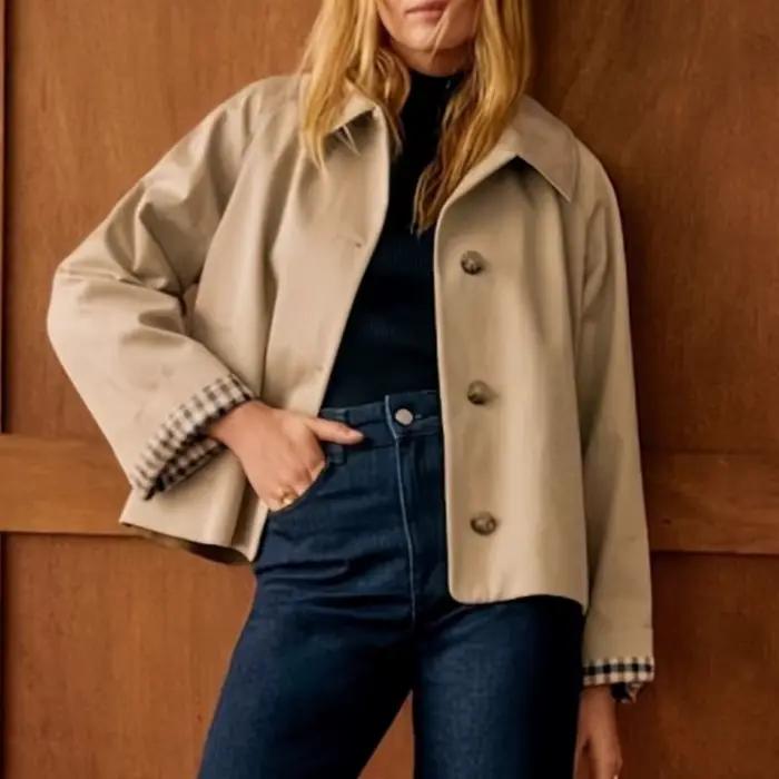 Nouveau Trench court pour femmes revers boutonné surdimensionné décontracté veste courte avec doublu