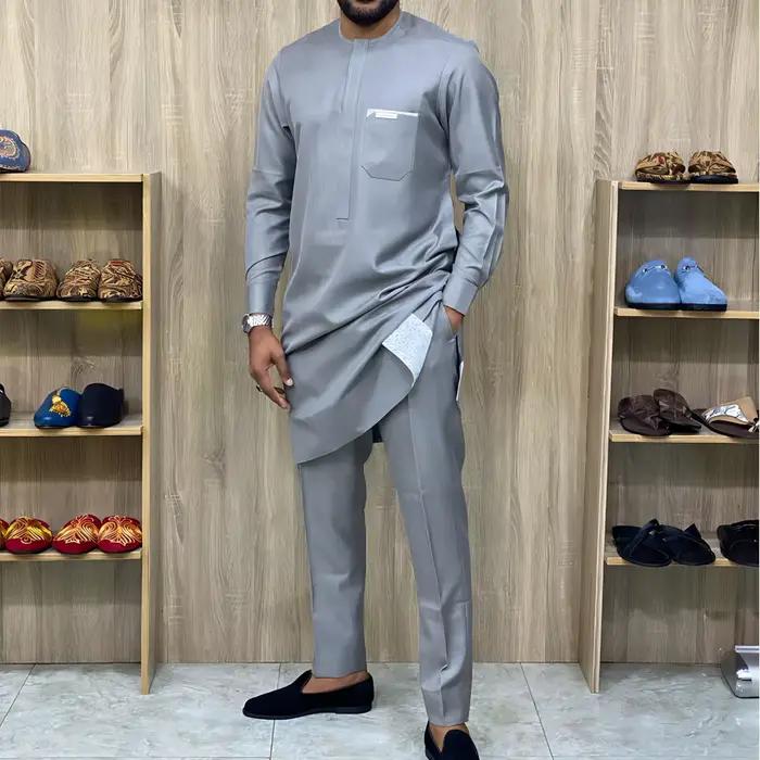 Caftan de Style Ethnique Africain pour Homme, Vêtement Traditionnel à Manches sulf, Couleur Unie, Décontracté, 2 Pièces
