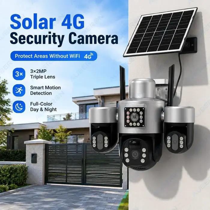Caméra de sécurité solaire 4G à trois objectifs et trois écrans pour surveillance extérieure sans Wi-Fi, résistante aux intempéries IP66, alimentation solaire, vision nocturne couleur, contrôle à distance via application V380 Pro, idéale pour villas, fermes, entrepôts et cours