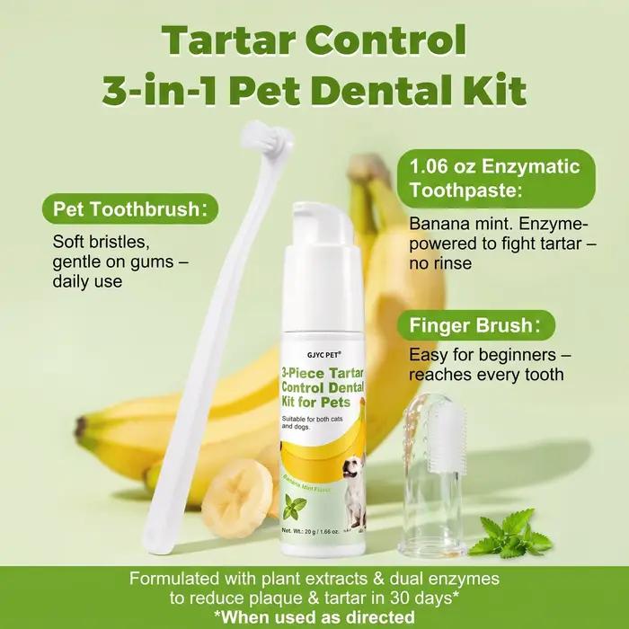 Kit de Soins Dentaires pour Animaux 3 Pièces – Gel Dentifrice Menthe Banane Anti-Tartre et Anti-Plaque pour Chiens et Chats – Haleine Fraîche et Soin Buccal Doux