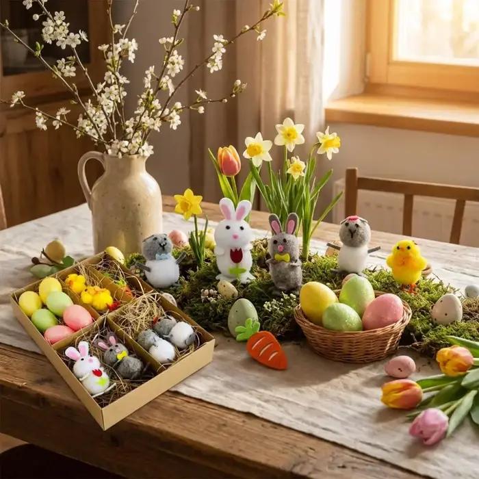 Ornement de Pâques amusant et joyeux : Œufs de Pâques, poussins et figurines de lapins réalistes et mignonnes, faites à la main, pour la décoration de Pâques et les fêtes