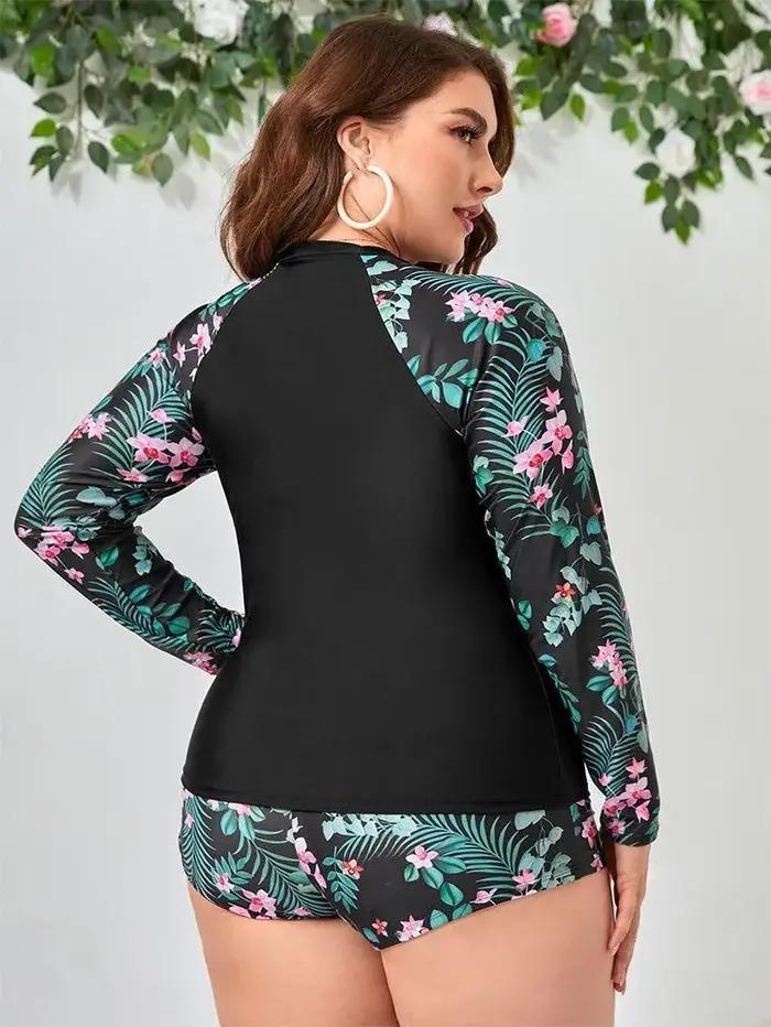 Grande taille maillots de bain femmes imprimé à manches longues maillot de bain deux pièces Sport su