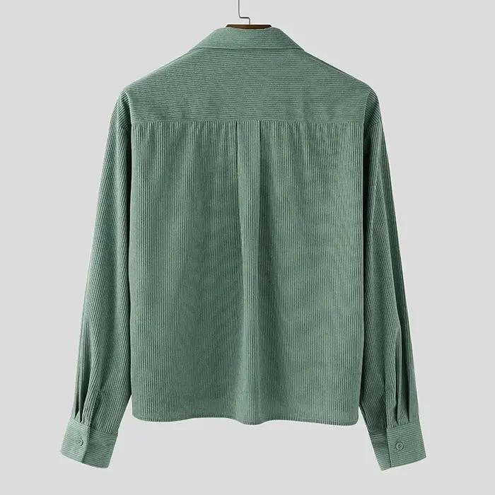 Chemises courtes en velours côtelé pour hommes, manches longues, couleur unie, col de costume, chemi
