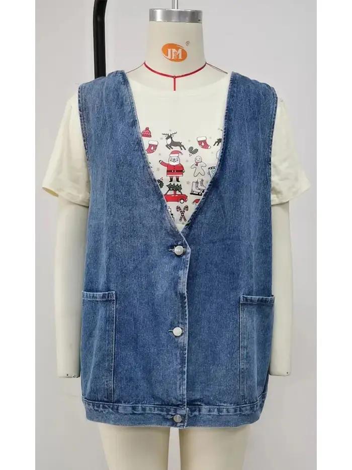 Gilet décontracté Benuynffy Vintage en denim lavé pour femmes, style moderne, col en V, idéal pour le printemps et l'été, occasions spéciales