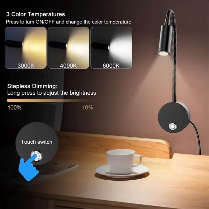 Lampe de Lecture Murale de oral et USB à Intensité Tactile 3CCT, Col de Cygne de 15 Pouces, 3W, 2 Pi