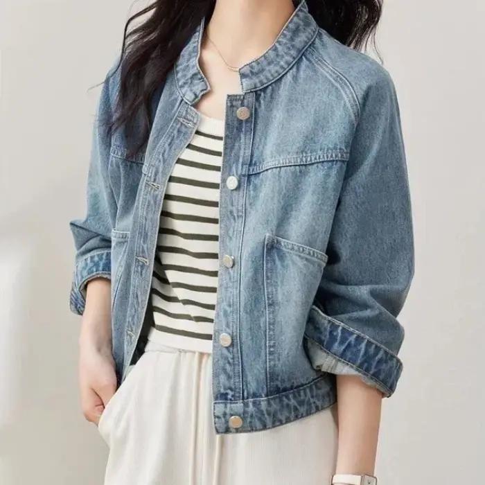 Veste en jean coréenne unie pour femme, manteau de cowboy, col montant, vêtements d'extérieur, nouveautés, chic et élégant, créateur Harajuku