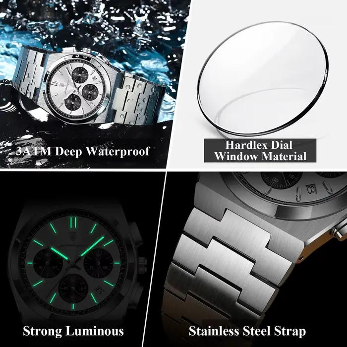 Montre homme chronographe POEDAGAR classique acier inoxydable étanche avec date et aiguilles lumineuses
