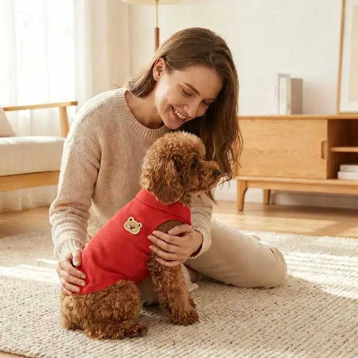 Polo pour chien brodé tête d'ours brun confortable respirant col rabattable sans manches vêtement confortable pour animaux de compagnie occasions spéciales