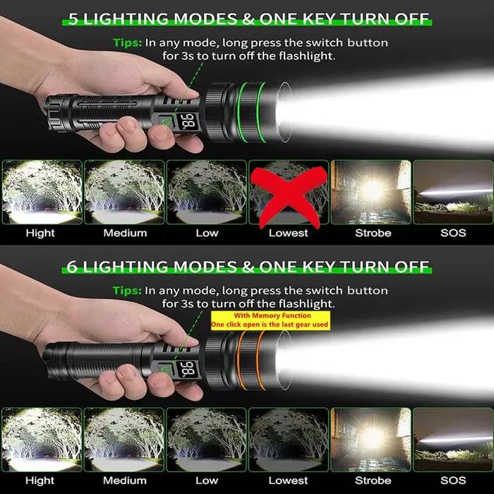 Lanterne à lumière forte, lampe de poche LED haute puissance, Rechargeable par USB, torche tactique