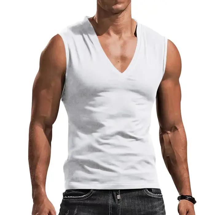 Gilet décontracté pour homme débardeur sans manches respirant polyester élasthanne couleurs unies col en V polyvalent pour sport et loisirs