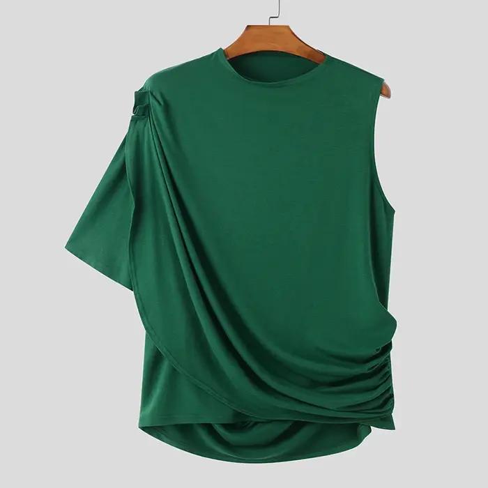 INCERUN hommes t-shirts irréguliers couleur unie col rond une manches courtes plissé hommes vêtements Streetwear 2025 évider Camisetas