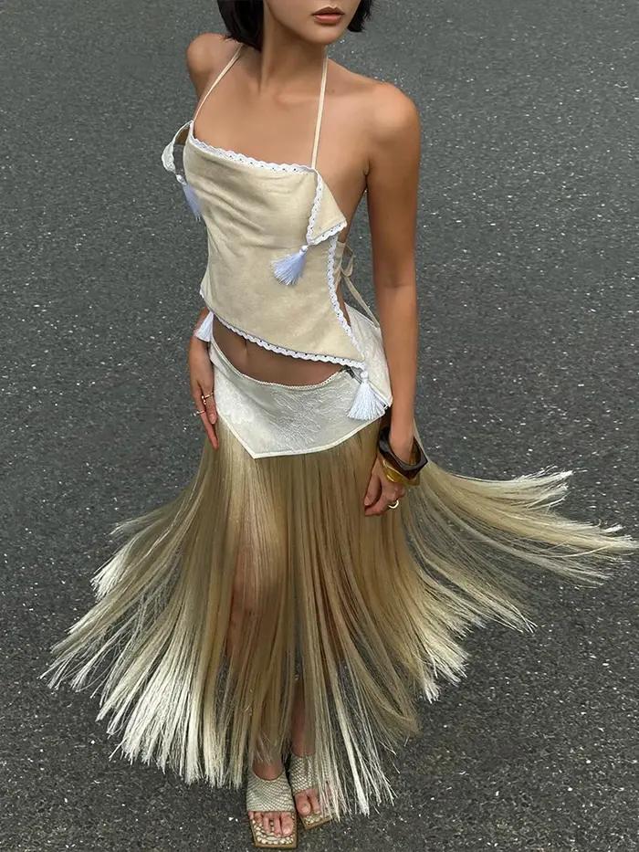 Kliou Sexy Mode Jupes Costumes Femme Halter Bandage Dos Nu Irrégulière Crop Tops + Gland Décoration Longues