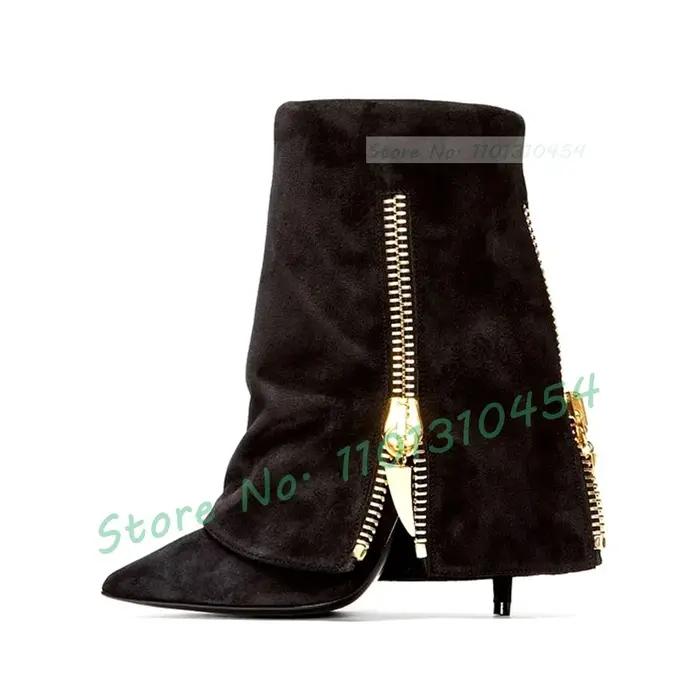 Bottines décoratives à fermeture éclair dorée pour femmes, talons hauts pliables, bottes modernes élégantes pour occasions spéciales printemps/automne
