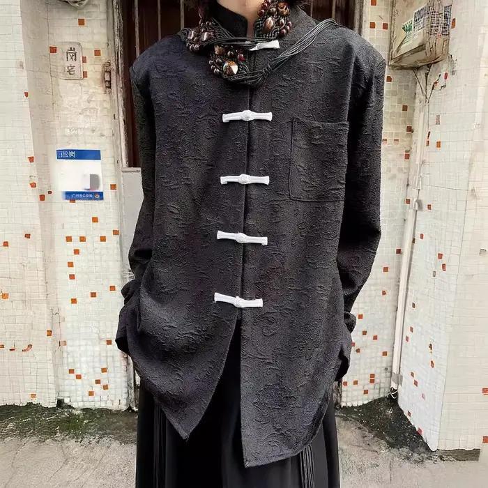 Chemise boutonnée à col montant Style chinois en polyester pour hommes avec broderie pour occasions décontractées printemps